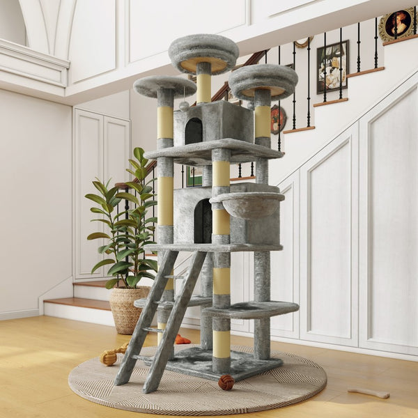 English Elm Large 7 Tier Plush Cat Tree with Dual Condos Hammock Sisal Posts for Multi Cat Homes Gray W1578P447623