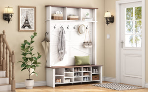 English Elm Farmhouse Hall Tree Entryway Organizer with Bench 16 Compartments and 6 Coat Hooks N721S000064K
