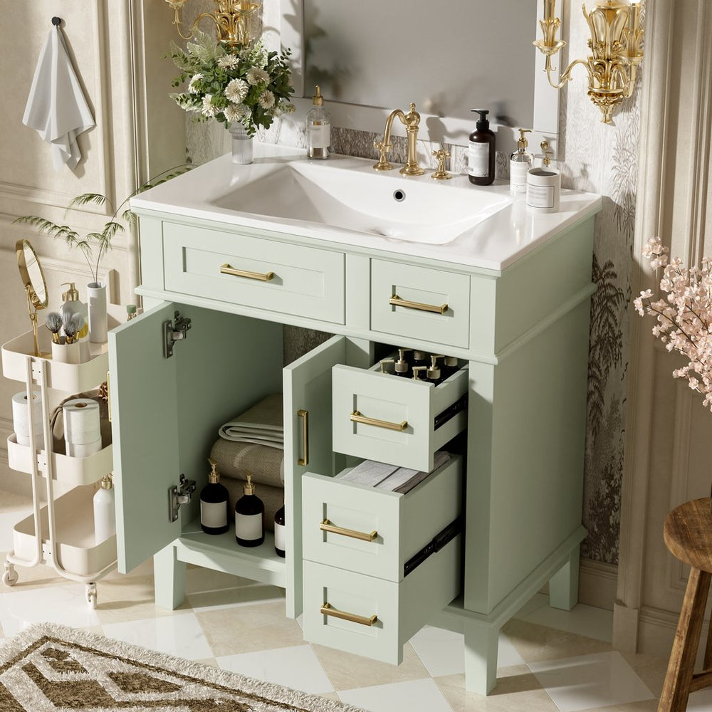 English Elm 30" Bathroom Vanity with Ceramic Sink and Deep Storage, Soft-Close Doors, Gold Handles, Durable Wood Frame Green N729P276610F