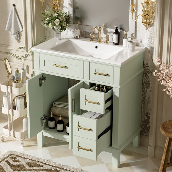English Elm 30" Bathroom Vanity with Ceramic Sink and Deep Storage, Soft-Close Doors, Gold Handles, Durable Wood Frame Green N729P276610F