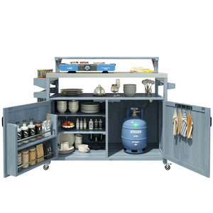 English Elm K&K 53.3" Outdoor Kitchen Island with 1.2" Stainless Top, Spacious Storage, Raised Shelf, Wheels Grey+Blue N707P250628G