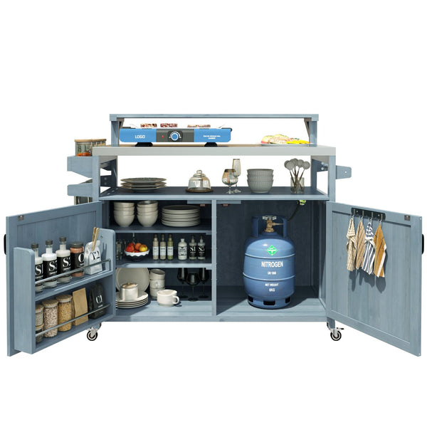 English Elm K&K 53.3" Outdoor Kitchen Island with 1.2" Stainless Top, Spacious Storage, Raised Shelf, Wheels Grey+Blue N707P250628G