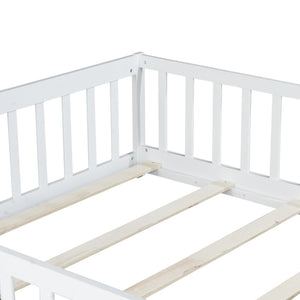 English Elm Twin Solid Rubberwood Floor Bed with Full Perimeter Safety Rails for Toddler Rooms White W504P296786