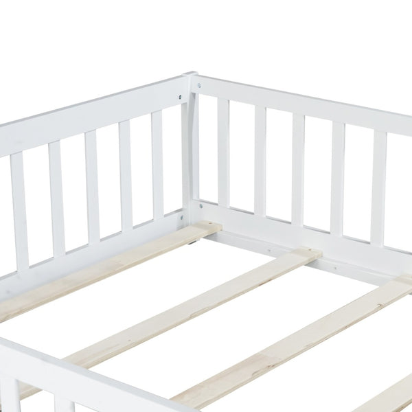 English Elm Twin Solid Rubberwood Floor Bed with Full Perimeter Safety Rails for Toddler Rooms White W504P296786
