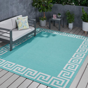 Christopher Knight Home® - Noble House - Preveli 7'10" X 10' Outdoor Area Rug, Teal and Ivory