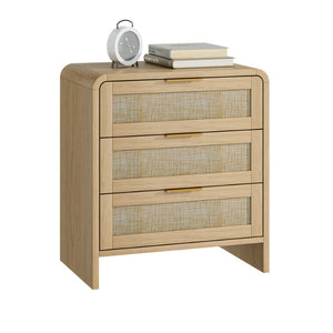 English Elm Rattan Drawer Nightstand Set with Built-in Charging Station and Open Shelf Bedroom Storage Oak W1820P416766
