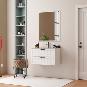 English Elm 31.5inch Floating Bathroom Cabinet with Dual Soft-Close Drawers, Large Storage, Modern Decor Line White W3151S00002