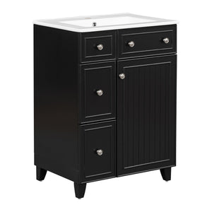 English Elm 24-Inch Bathroom Vanity Cabinet with Ceramic Sink, Space-Saving Storage, Solid Wood Feet, Durable Finish Black WF532034AAB
