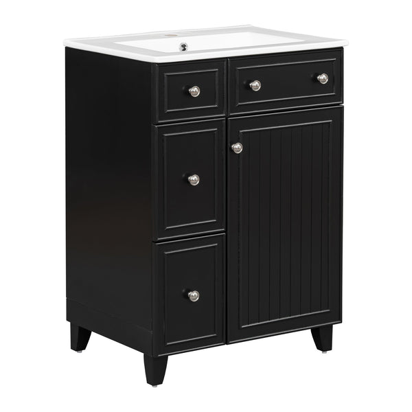 English Elm 24-Inch Bathroom Vanity Cabinet with Ceramic Sink, Space-Saving Storage, Solid Wood Feet, Durable Finish Black WF532034AAB
