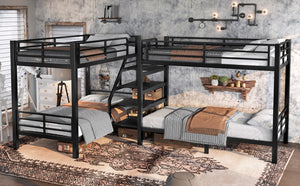 English Elm Twin L-shaped Steel Bunk Bed with Built-in Shelving and Full Guardrails Matte Black W1580S00439