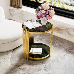English Elm Modern Round Mirrored Glass End Table with Gold Metal Frame and Lower Display Shelf Black N735P380092B