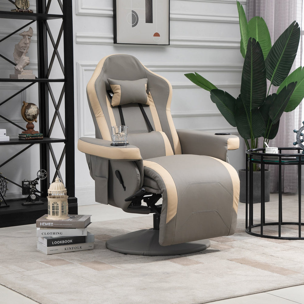 English Elm HOMCOM Grey PU Leather Recliner Armchair with 135° Recline, 360° Swivel, Cup Holder & Storage Pocket, Adjustable Headrest and Footrest W2225P173864