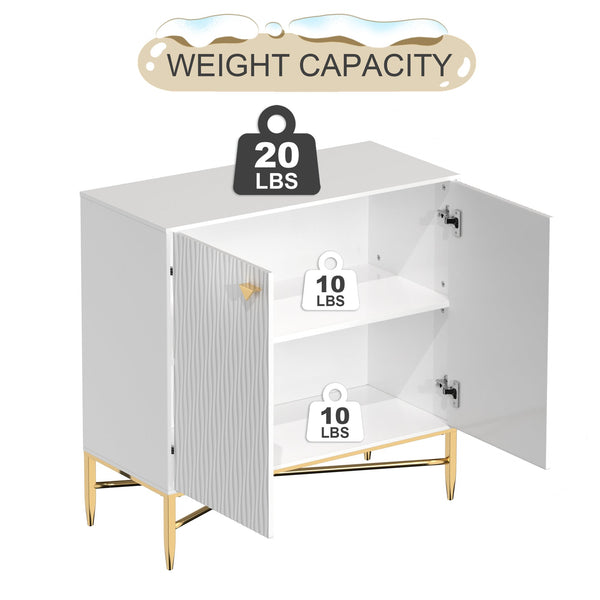 English Elm 2 Door White Locker Accent Cabinet with Gold Spindle Legs, Diamond Ripple Doors, Adjustable Shelves, Modern Storage Elegance T3609P347437