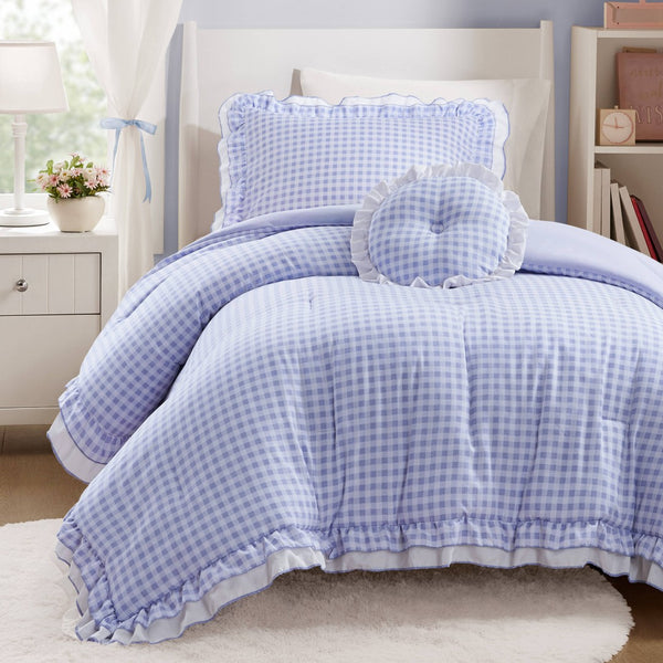 English Elm 3-piece Cottage Gingham Comforter Set with Ruffle Trim and Round Throw Pillow Blue B035P463185