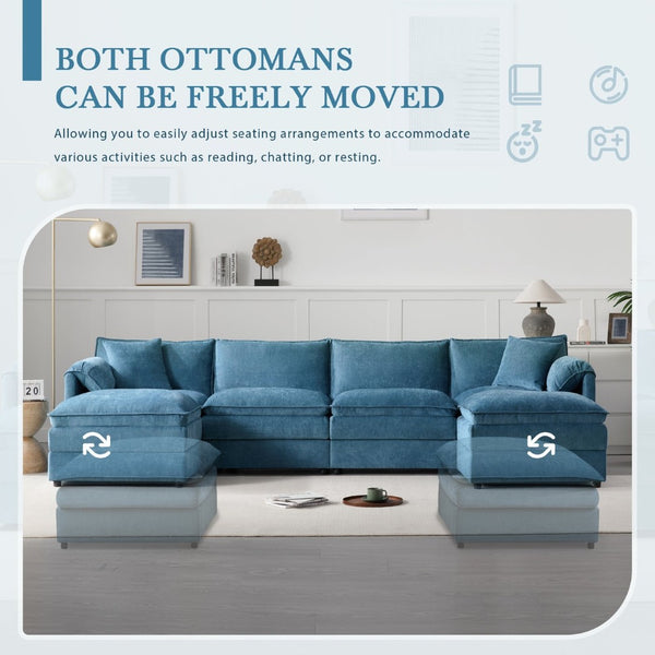 English Elm [new U-shaped Chenille Cloud Sectional 6 Seat Modular Sofa with Movable Ottoman Blue N723S6546C