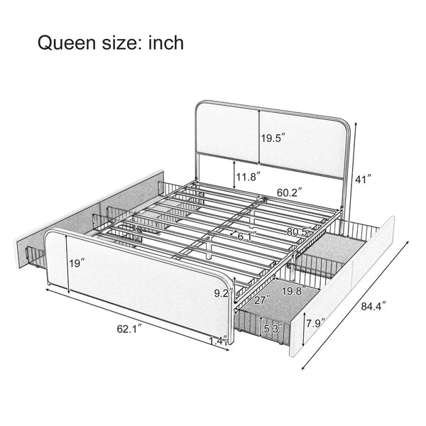 English Elm Gold Toned Queen Platform Bed Beige Linen Curved Headboard Footboard Under Storage N701P229016C