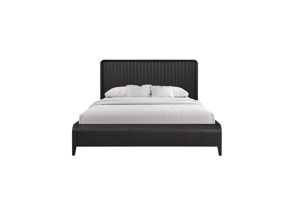 English Elm Queen Waterfall Panel Bed with Channel Headboard, Elm Veneer Peppercorn Finish, Solid Wood Craftsmanship B2699S00046