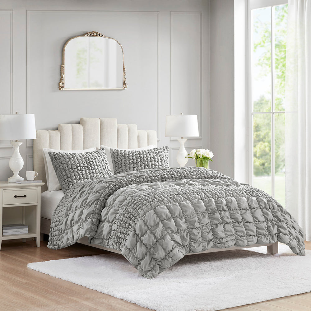 JLA Home Madison Park - 3 Ruched Comforter Set with Puffy Square Embroidery, Super-Soft Microfiber, Hypoallergenic Washable Grey MP10-8397