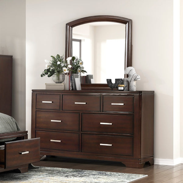 English Elm Modern Birch Veneer Dresser with Curved Mirror Seven Drawers Chrome Pulls Bedroom Cherry B011S02343