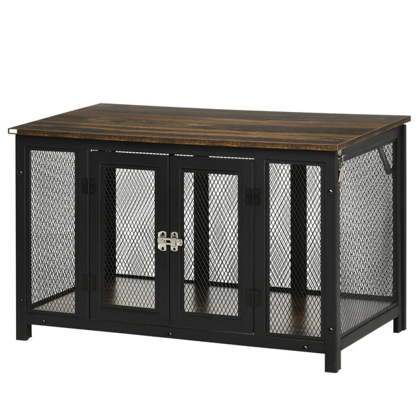 English Elm PawHut Furniture Style Dog Crate End Table with Flip-Up Roof, Sturdy 132 lb Top, Spacious Pet Kennel Brown W2225P200464