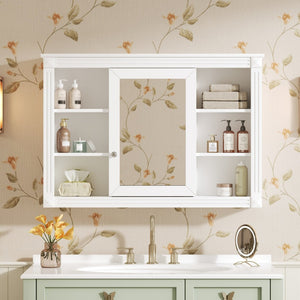 English Elm 42'' Wall Mount Medicine Cabinet White Mdf Mirror Door Six Open Shelves Towel Rod N710P363544K