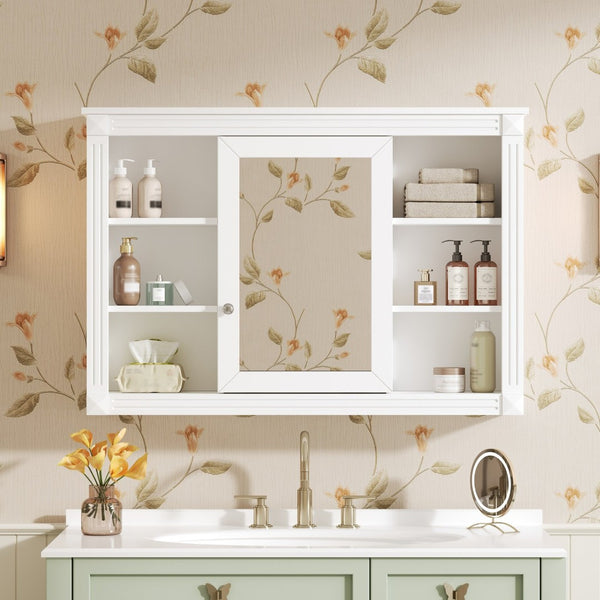 English Elm 42'' Wall Mount Medicine Cabinet White Mdf Mirror Door Six Open Shelves Towel Rod N710P363544K