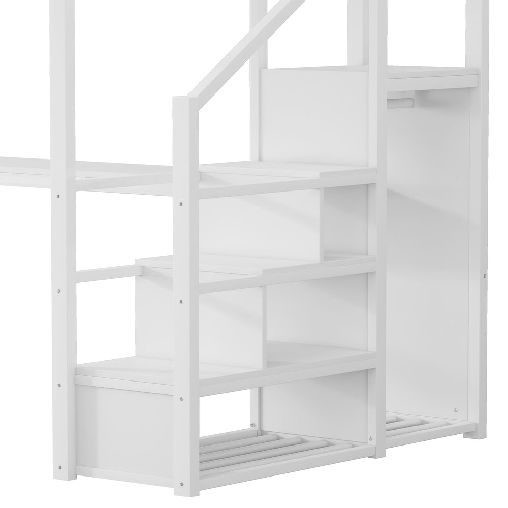 English Elm Full Loft Bed with Desk and Charging Station, Metal Loft with Stairs, Wardrobe, Shelves & Light White W2580S00046