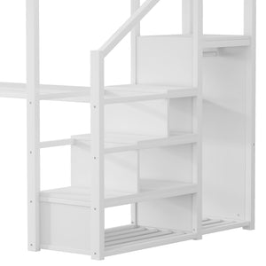 English Elm Full Loft Bed with Desk and Charging Station, Metal Loft with Stairs, Wardrobe, Shelves & Light White W2580S00046