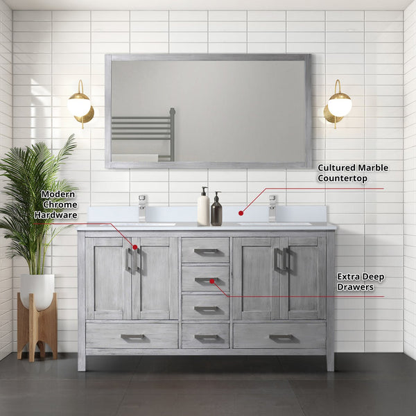 English Elm Distressed Grey Double Bath Vanity with Cultured Marble Top, Faucet & 58" Mirror — Durable Scratch-Resistant Surface, Monte Chrome Faucet (60" W x 22" D) B2731S01020