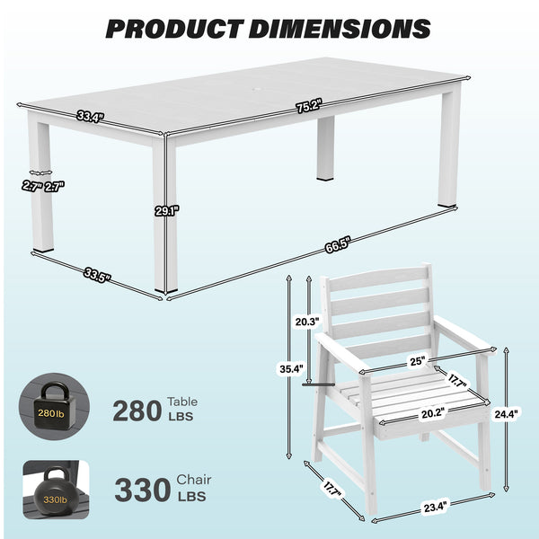 English Elm 7-piece Outdoor Dining Set with Spacious 75" HDPE Table, Aluminum Legs and Waterproof Chairs, Durable White T3898S00002
