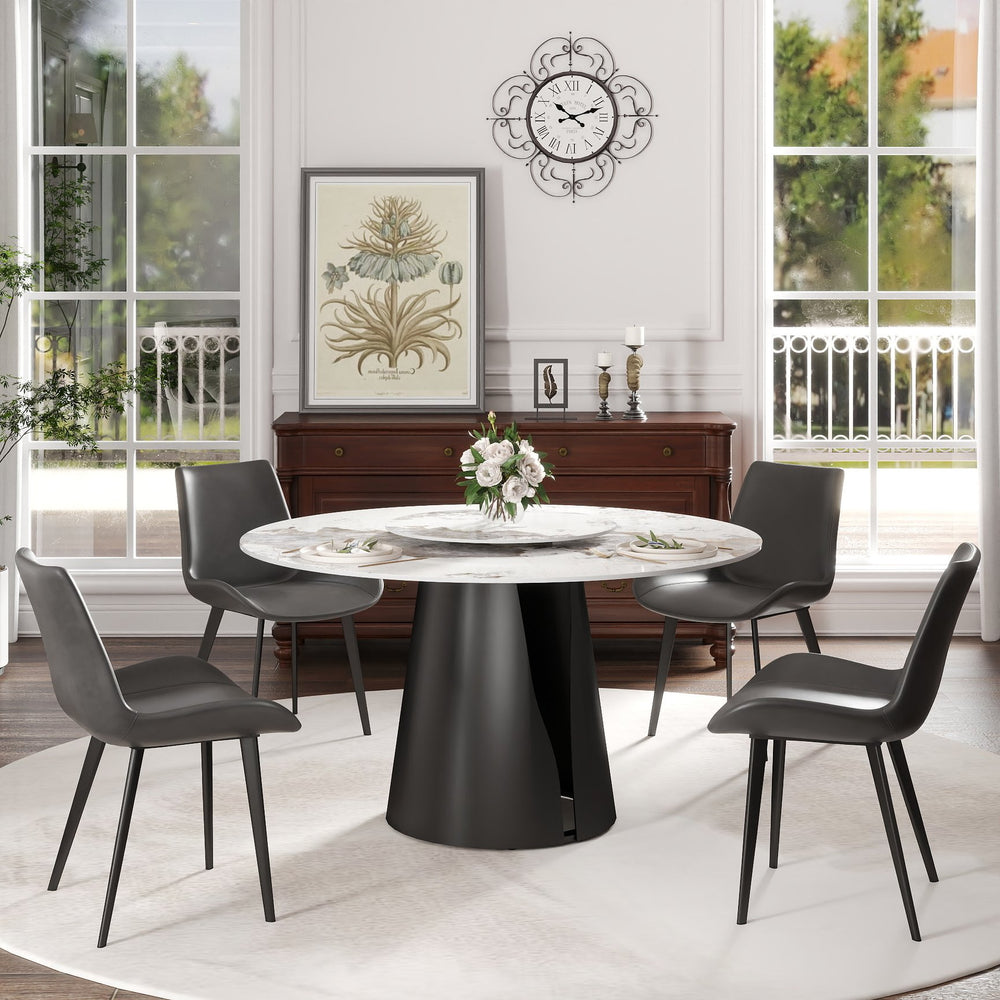 English Elm 53"Modern Round Dining Table With Turntable – Durable Sintered Stone Top & Black Steel Base For 6 Guests W1535S00444