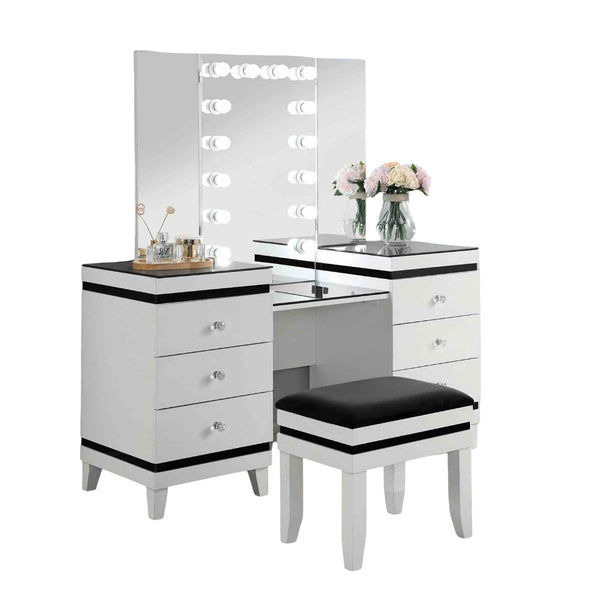 English Elm Contemporary Glam Vanity with Rhinestone Trim and Tempered Glass Top, High Gloss Finish, Illuminated Appeal Black,White 38 L x 23 W x 35 H B2741S00684