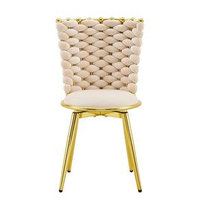English Elm Set of 2 Velvet Dining Chairs with Braided Rope Backrests and Sculptural Metal Legs Beige W1512P491458