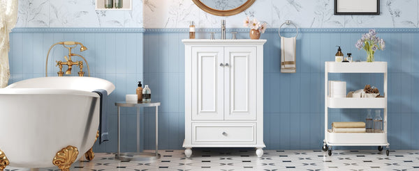 English Elm 24'' French Style Bathroom Vanity with Ceramic Sink Soft Close Cabinet and Drawer White N710P411227K