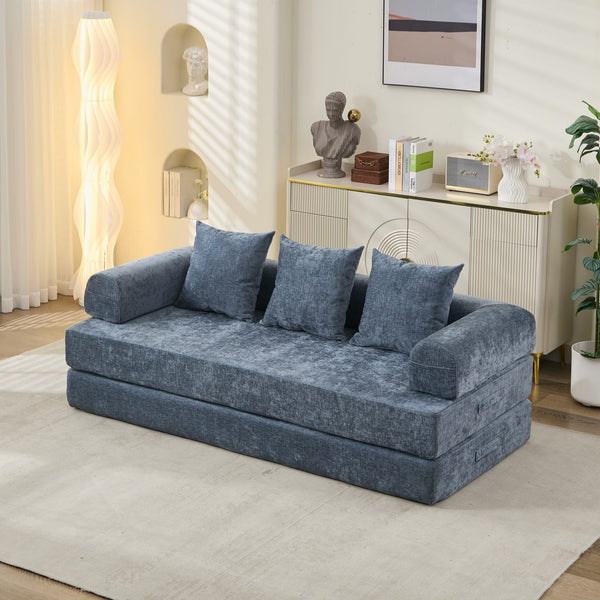 English Elm Comfy Chenille Convertible Folding Mattress Couch Sofa Bed with Armrest, Space-Saving, No Assembly Needed Blue W1143P330252