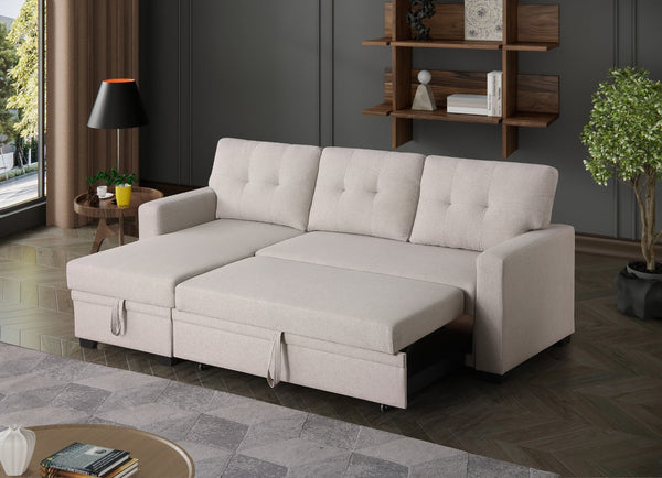 English Elm Convertible Upholstered Sectional Sofa with Pull-out Chaise Sleeper and Storage Beige B2730S00005