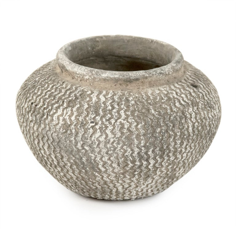 Zentique Distressed cement vase with rustic grey wash finish, vintage industrial charm for shelves & tabletops W11.5 x H8.5 x D11.5 9917L A866