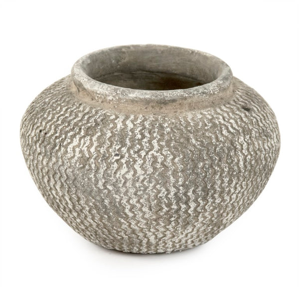 Zentique Distressed cement vase with rustic grey wash finish, vintage industrial charm for shelves & tabletops W11.5 x H8.5 x D11.5 9917L A866