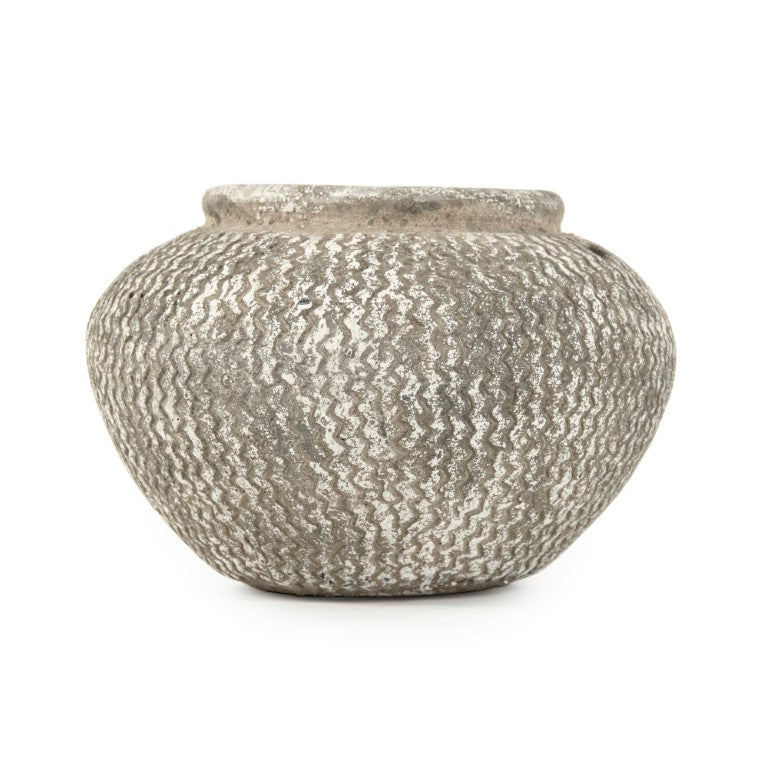 Zentique Distressed cement vase with rustic grey wash finish, vintage industrial charm for shelves & tabletops W11.5 x H8.5 x D11.5 9917L A866