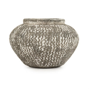 Zentique Distressed cement vase with rustic grey wash finish, vintage industrial charm for shelves & tabletops W10 x H6 x D10 9917S A866