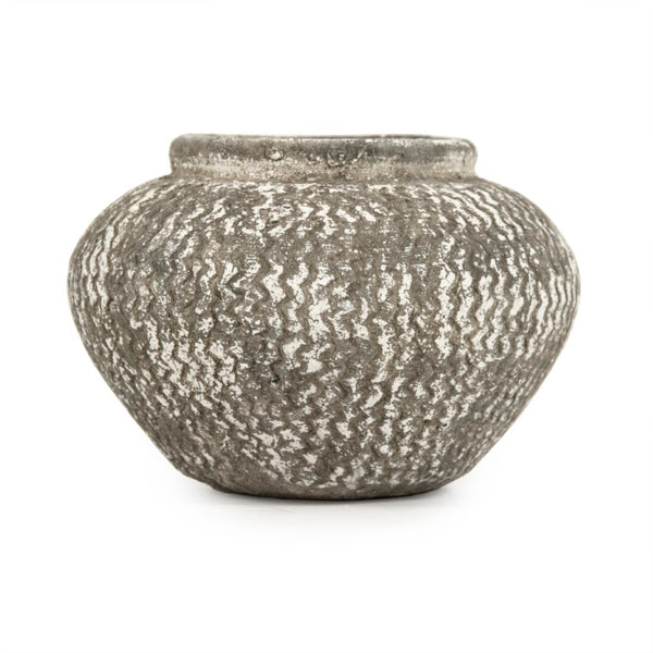 Zentique Distressed cement vase with rustic grey wash finish, vintage industrial charm for shelves & tabletops W10 x H6 x D10 9917S A866