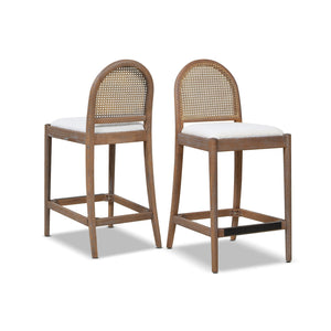 English Elm Jennifer Taylor Home - Panama 26.5" Curved Back Cane Rattan Counter Stool Set of 2 with Oak Frame, Bouclé Upholstery & Brass Footrest White B2719P238389
