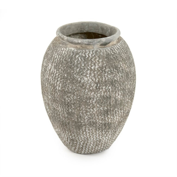 Zentique Distressed cement vase with rustic grey wash finish, vintage industrial charm for shelves & tabletops W11.5 x H16 x D11.5 9918S A866