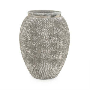Zentique Distressed cement vase with rustic grey wash finish, vintage industrial charm for shelves & tabletops W11.5 x H16 x D11.5 9918S A866