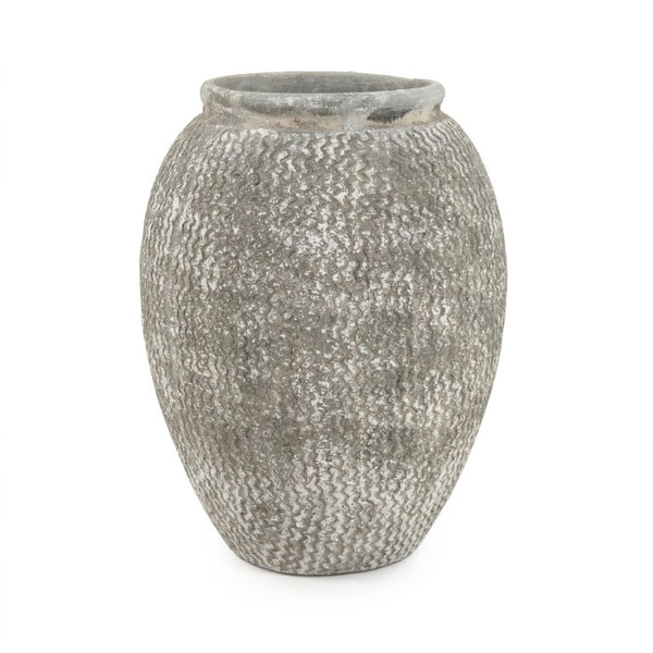 Zentique Distressed cement vase with rustic grey wash finish, vintage industrial charm for shelves & tabletops W11.5 x H16 x D11.5 9918S A866