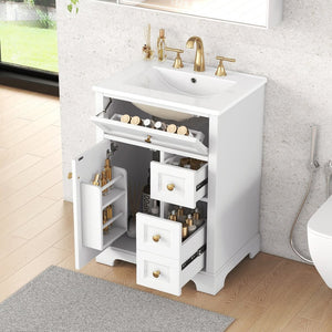 English Elm "24'' 24 Inch Glossy Freestanding Bathroom Vanity with Gold Hardware and Soft Close Storage White Pinewood N725P375495K