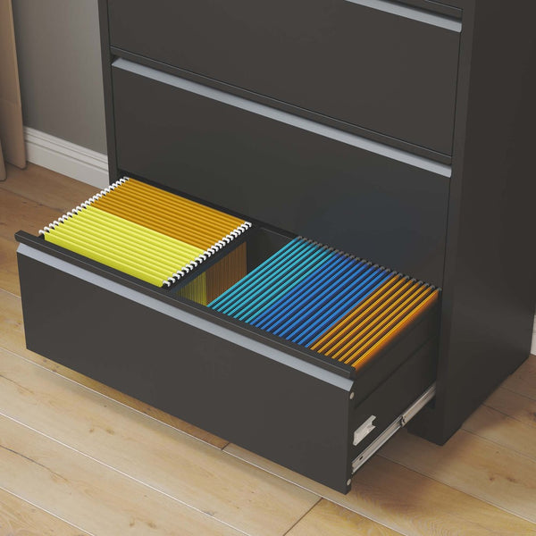 English Elm 5 Drawer Steel Lateral Filing Cabinet Lockable Home Office Organizer Matte Finish Black T2398S00005