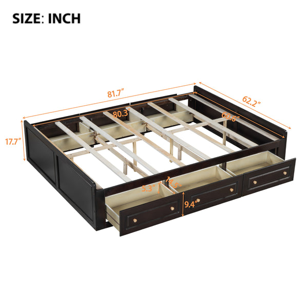English Elm Wood Queen Size Platform Bed Frame with 6 Drawers for Storage, Sturdy Pine/MDF Slat System, 500lb Capacity Espresso N709P241723P