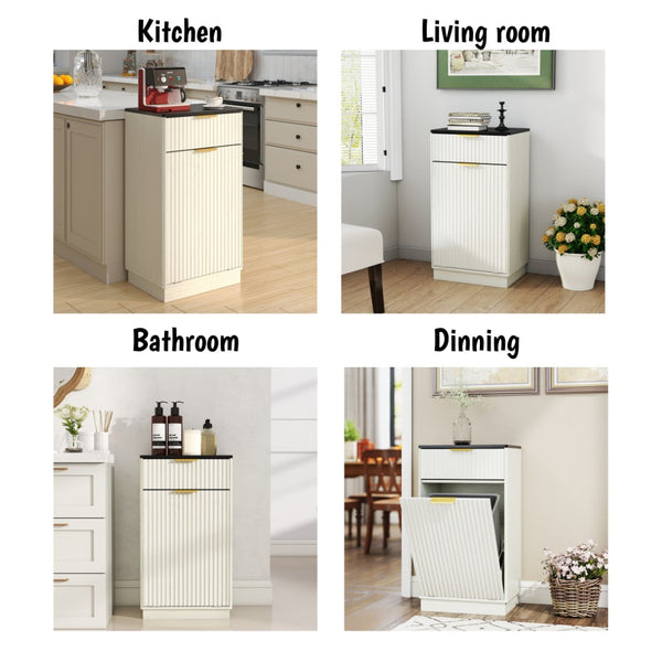 English Elm 10-gallon Tilt-out Antique White Cabinet Woodgrain Finish with Wave Drawer Hidden Bin W2557P365719