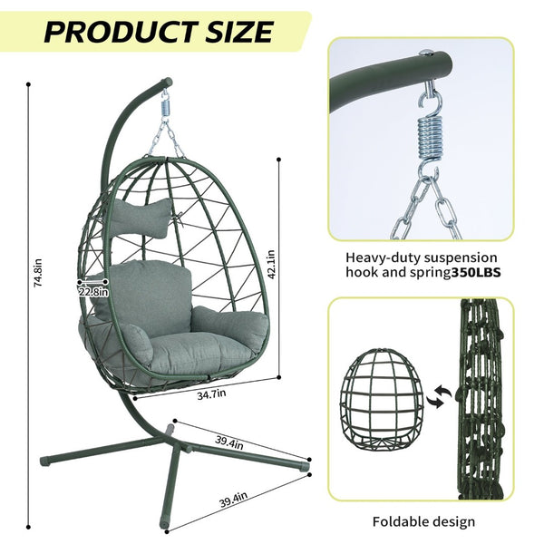 English Elm Egg Hanging Chair with Stand Pe Rattan Swing Seat Washable Cushion 350lb Capacity T5880P497439